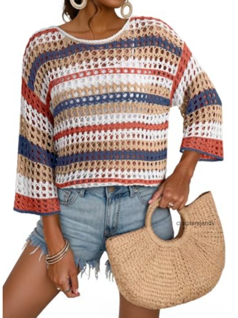 Womens 3/4 Sleeve Crochet Hollow Out Color Block Striped Sweater Coverup